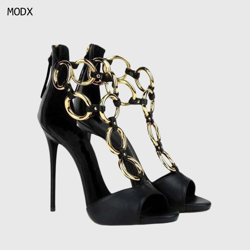 Gold Chain Sandal - Женские черные кожаные босоножки на шпильке